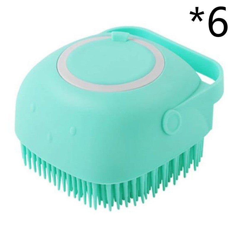 Teal silicone pet bath massage brush with round head and soft bristles
