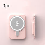 Pink mini magnetic wireless power bank with charging icon, front and side profile