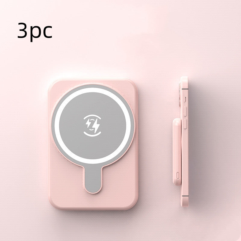 Pink mini magnetic wireless power bank with charging icon, front and side profile