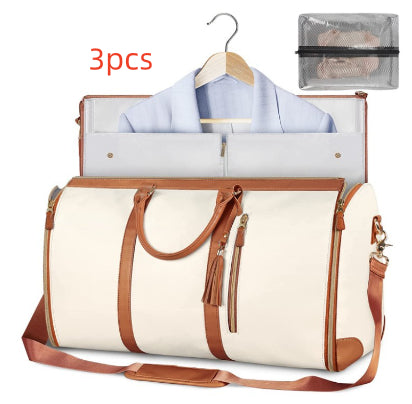 Waterproof travel duffle bag set, white bag with brown handles and light-blue lining