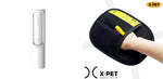 Reusable pet hair remover lint roller and pet grooming glove, white and black.