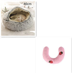 40cm gray round plush pet bed nest with pink strawberry U-shaped bolster cushion
