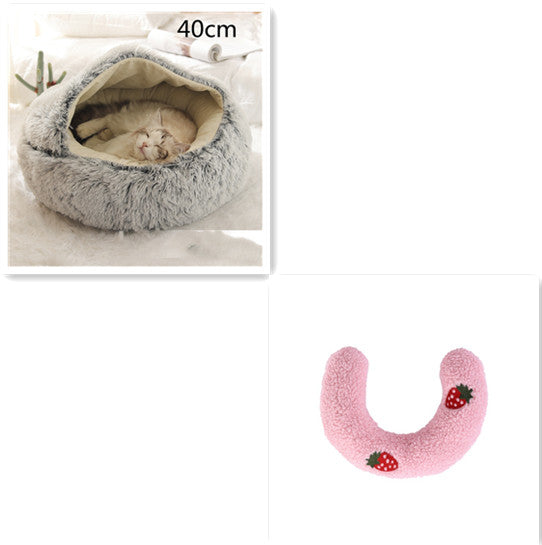 40cm gray round plush pet bed nest with pink strawberry U-shaped bolster cushion