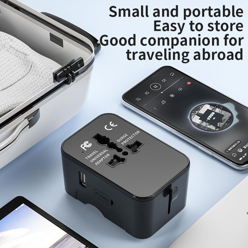 Black universal travel adapter with universal plug outlets and USB ports