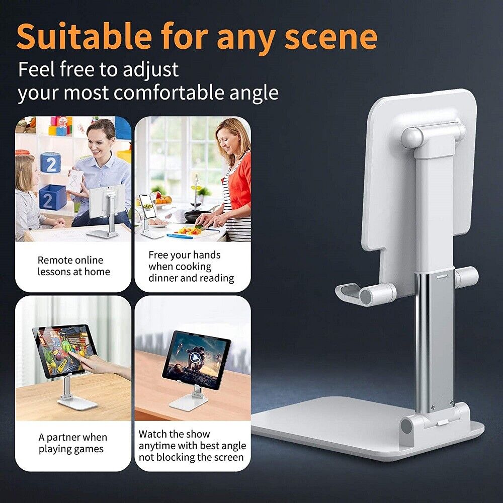 Foldable desktop phone stand with white base and angled support for smartphone
