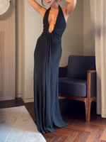 Black deep V-neck pleated maxi dress with halter straps