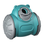 Teal dog slow feeder puzzle toy with rotating inner tray and side wheel