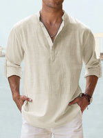 Men's cotton-linen pullover shirt, stand collar, long sleeves, cream with button placket