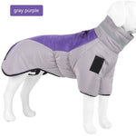 Waterproof dog winter coat vest, gray with gray-purple hood and black patch