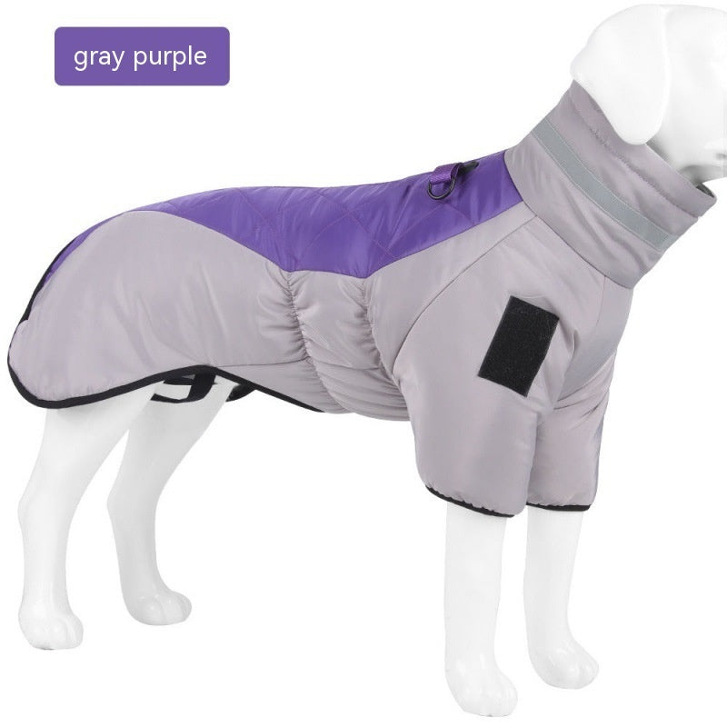 Waterproof dog winter coat vest, gray with gray-purple hood and black patch