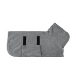 Gray pet drying coat with hook-and-loop closure tabs