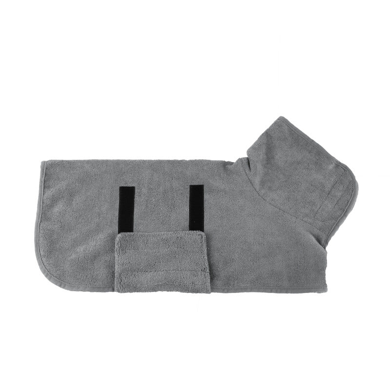 Gray pet drying coat with hook-and-loop closure tabs