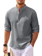 Men's textured stand-collar shirt, dark gray, short sleeves, button placket