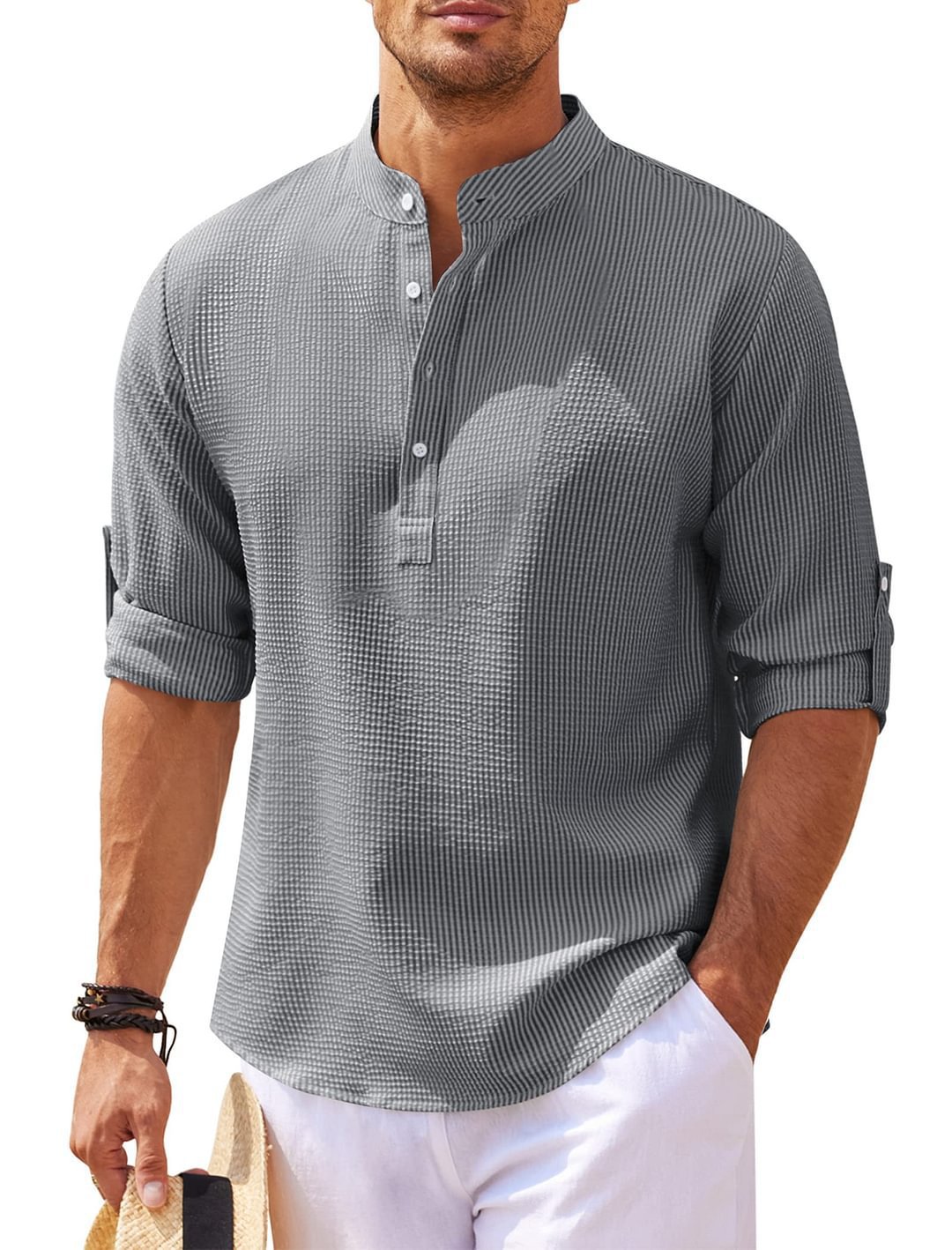 Men's textured stand-collar shirt, dark gray, short sleeves, button placket
