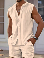 Men's off-white sleeveless crew-neck tank top and matching shorts set, textured fabric