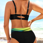 Back view bikini with adjustable halter straps and center cutout on striped tie-dye bottoms