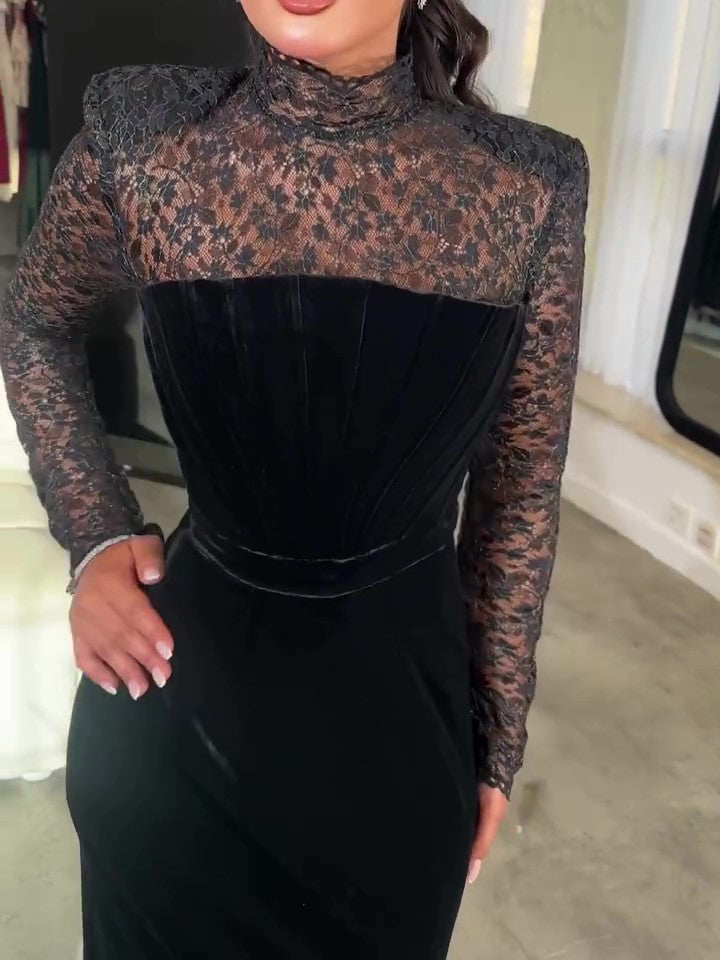 Black velvet bodycon maxi dress with sheer lace long sleeves and high neck