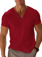 Men's loose solid henley V-neck t-shirt, red short sleeves