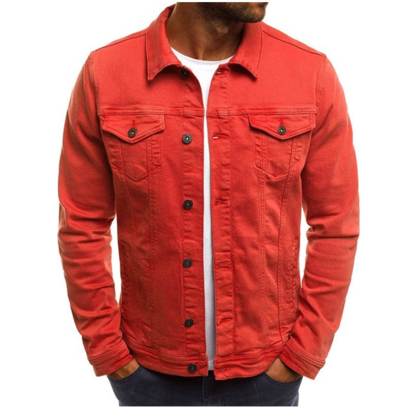 Men's denim button-front jacket with two chest flap pockets, red color.