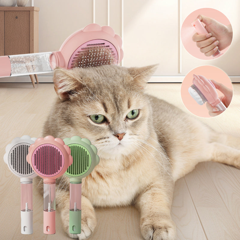 Pet grooming spray comb with self-cleaning brush, pink and green round head
