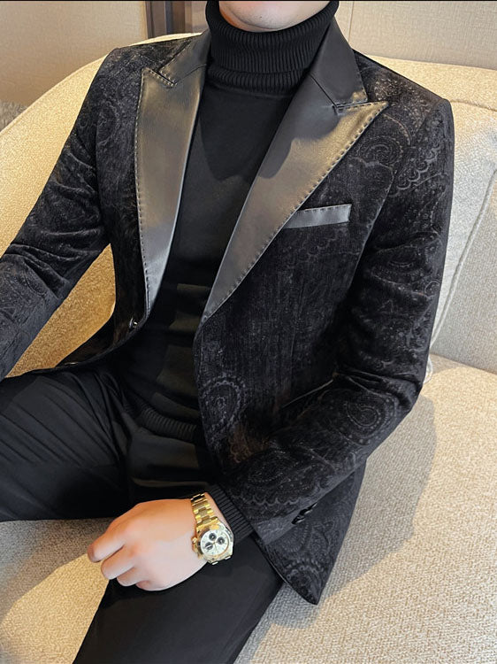 Luxurious Velvet Jacquard Leather Lapel Blazer for Men - Elevate Your Style