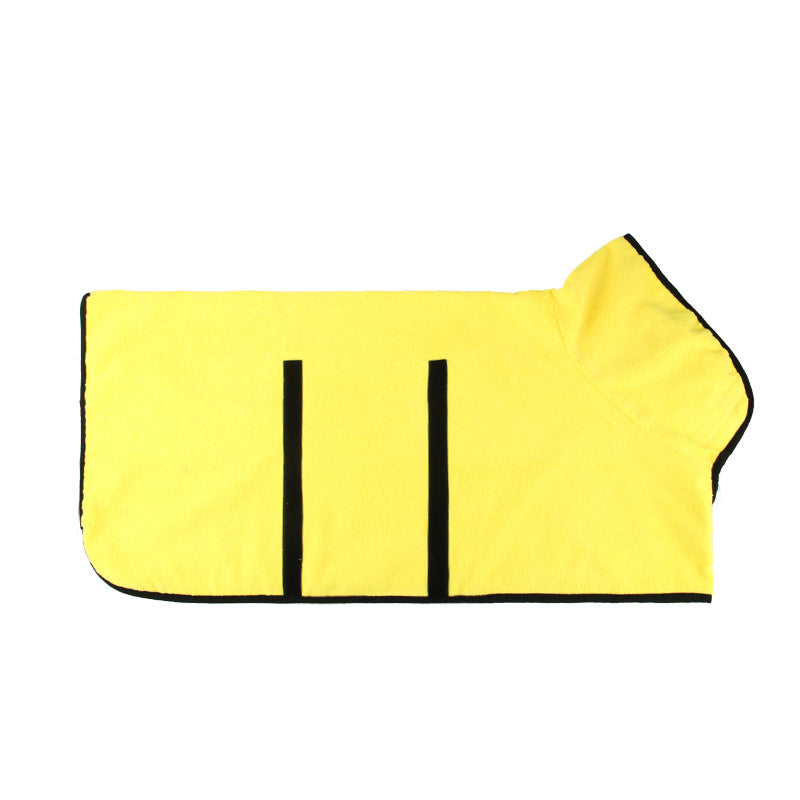 Yellow pet drying coat with black hook-and-loop closure panels