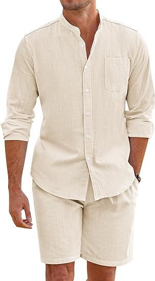 Long-sleeve button shirt and shorts set, off-white with chest pocket and button front