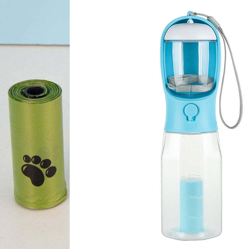 Turquoise portable dog water bottle with filter mesh and carrying strap