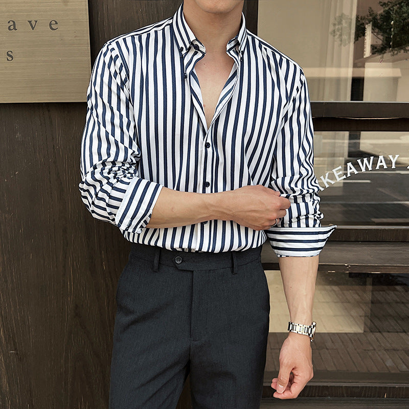 Men's Striped Long-Sleeve Shirt – Casual Polyester, Regular Fit