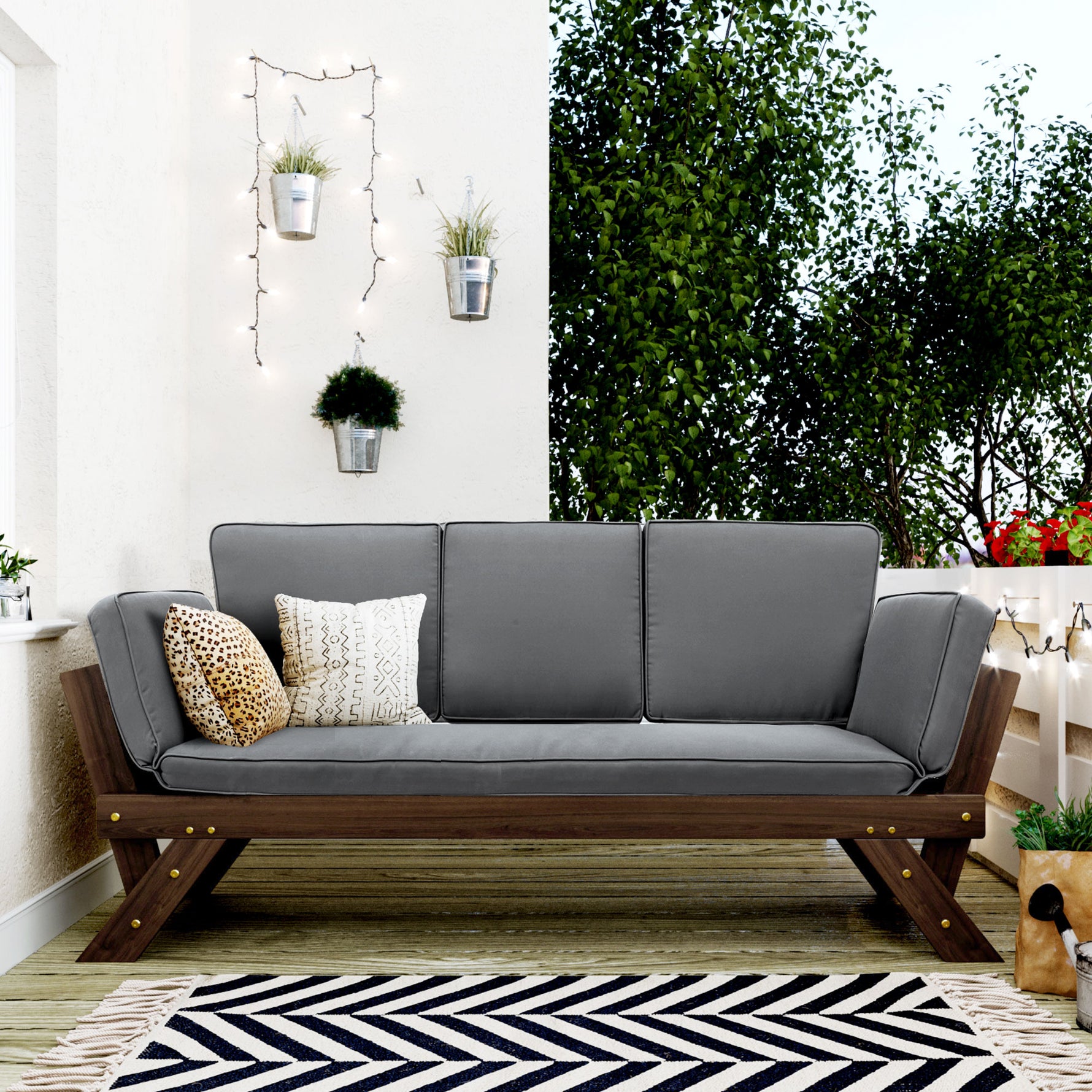 TOPMAx Outdoor Adjustable Patio Wooden Daybed Sofa Chaise Lounge With Cushions For Small Places  Brown Finish Gray Cushion