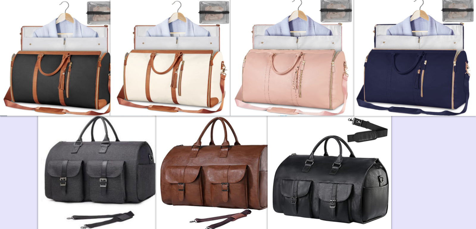 Foldable waterproof travel duffel bag set in dark, tan, blue, and pink colors