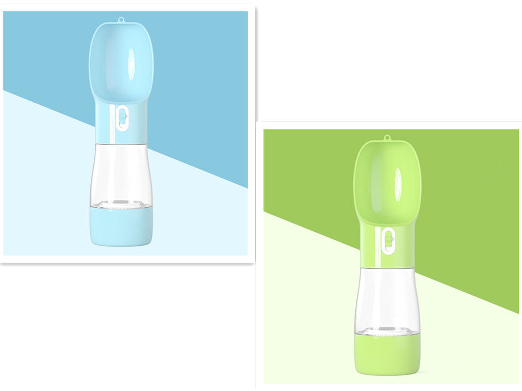 2-in-1 dog water and food travel bottle, blue translucent base, flip-top lid