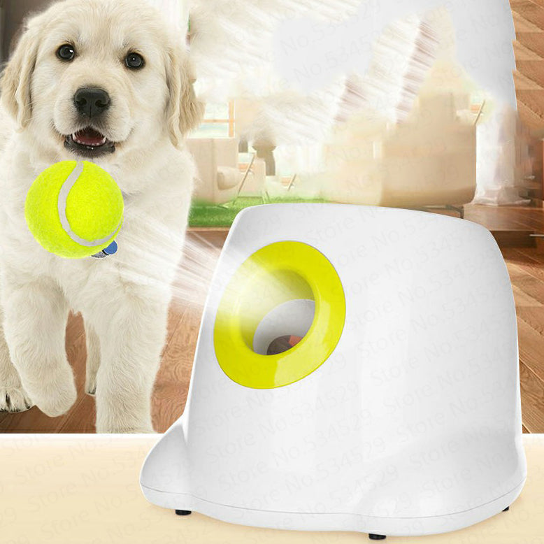 White dog ball launcher with lime-green chute opening, automatic fetch toy