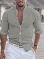 Men's casual cotton button-up shirt, olive gray, V-neck placket, 3/4 sleeves