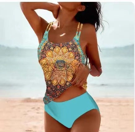 High-waist bikini set with multicolor printed cami top and turquoise briefs