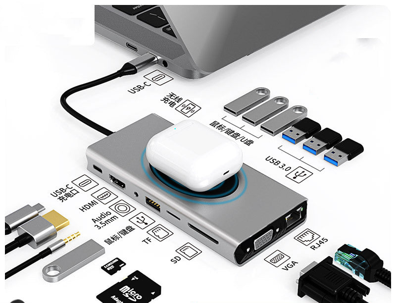USB-C hub docking station with HDMI and USB ports, silver body and black port end