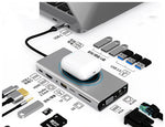 USB-C hub docking station with HDMI and USB ports, silver body and black port end