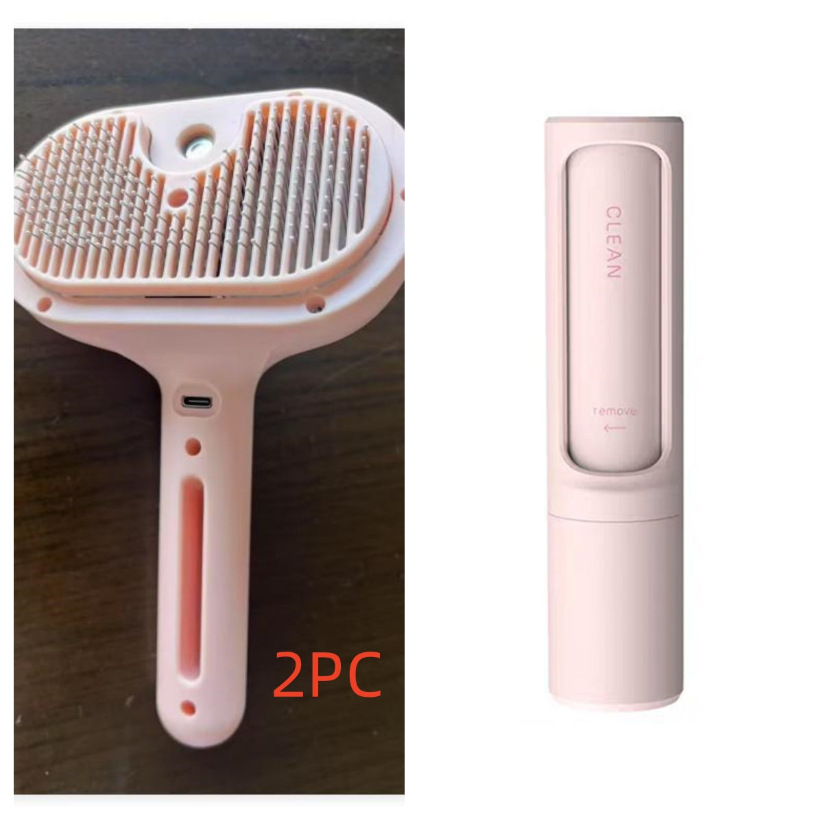 Pink self-cleaning pet grooming brush with comb head and USB charging module
