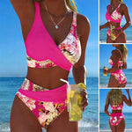 Hot pink and floral wrap bikini set with high-waist bottoms