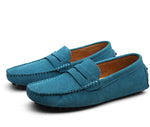 Men's round-toe leather moccasin shoes with teal suede upper and strap