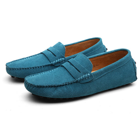 Men's round-toe leather moccasin shoes with teal suede upper and strap