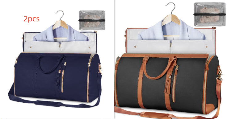 Waterproof travel duffle set, navy bag with light-blue lining and mesh zip pouch