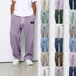 Waffle loose drawstring trousers in purple, mid-to-high waist with tapered straight legs