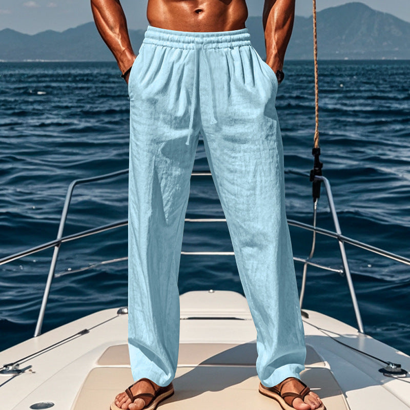 Light blue cotton-linen loose trousers with elastic waistband, mid rise