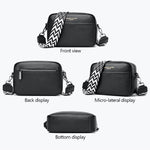 Genuine leather crossbody bag set view: black bag with patterned wide strap and silver hardware