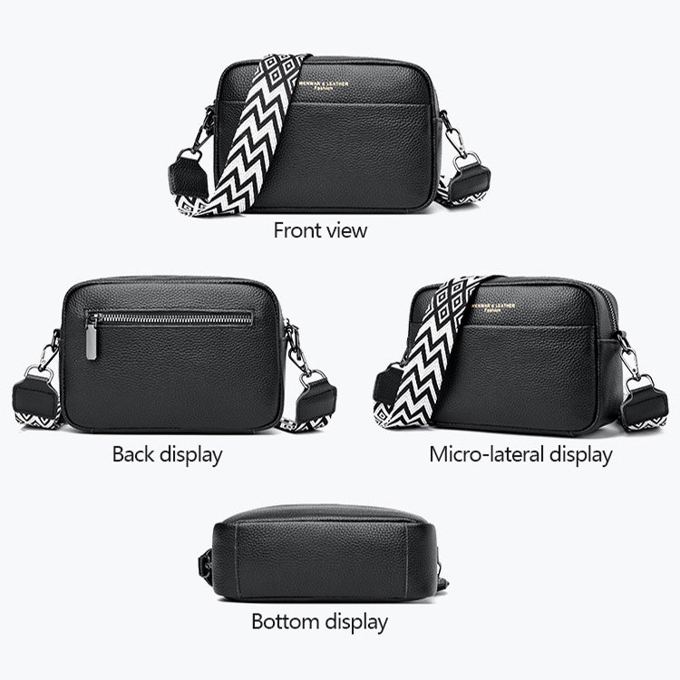 Genuine leather crossbody bag set view: black bag with patterned wide strap and silver hardware