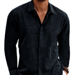 Black men’s long-sleeve button-front cardigan shirt with open collar and patch pocket