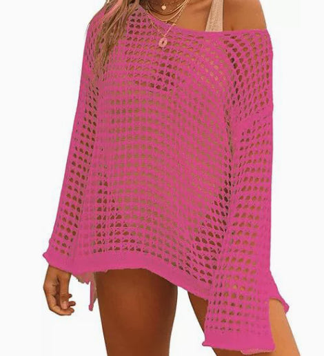 Pink mesh hollow-knit cover-up top, long sleeves, loose boat neckline