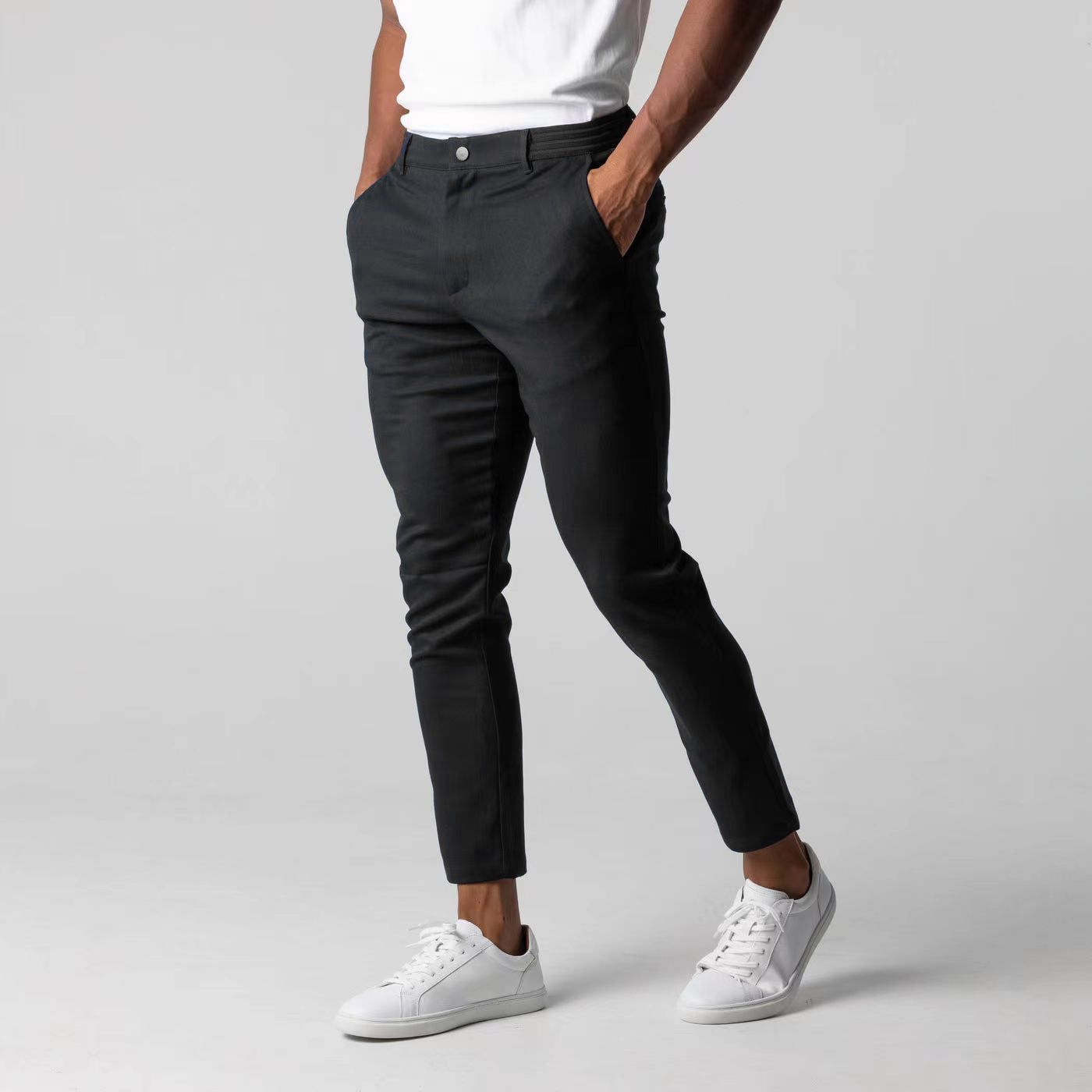 Black slim-fit business trousers, button waist, straight slim legs, belt loops