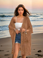 Brown sheer lace embroidered cardigan, open front, loose fit, mid-calf length.